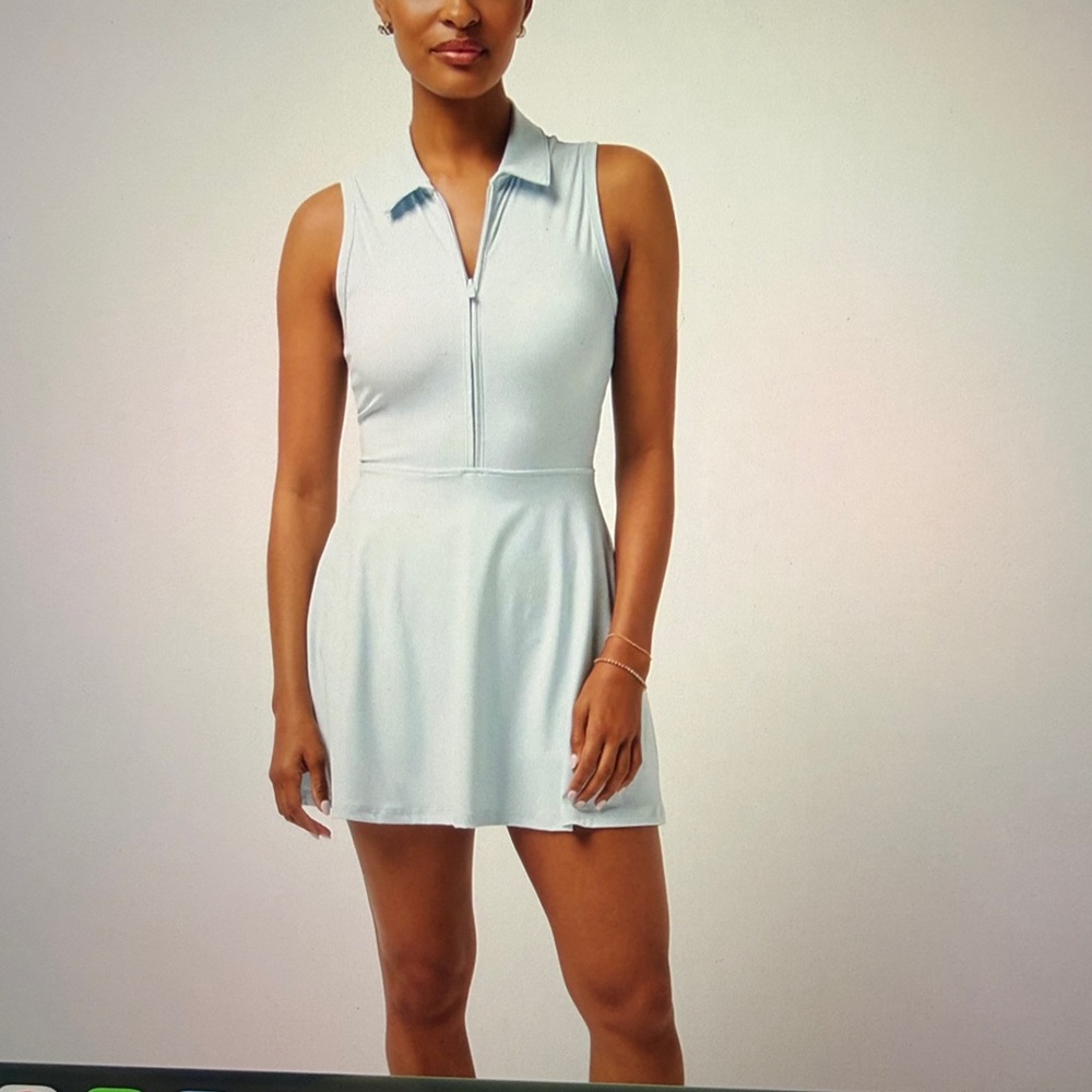 Travis Mathew Sleeveless Polo Zip-Front Mini Dress in Pale Blue athletic dress